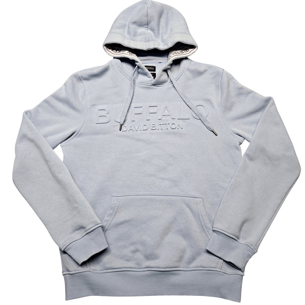 Buffalo David Bitton Hoodie Mens S Blue Pullover Fleece Embossed Logo Drawstring